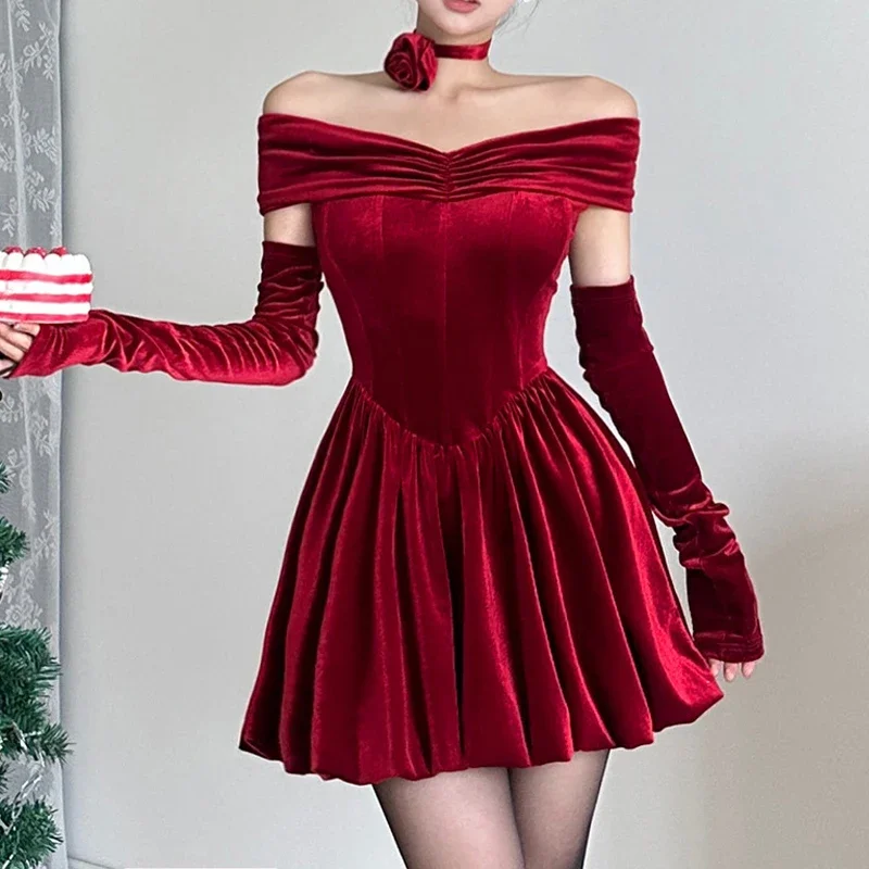 Y2k Elegant Gothic Velvet Mini Dresses Women Ruched Off Shoulder A-line Partywear Bodycon Dress Formal Corset Outfits Vestidos