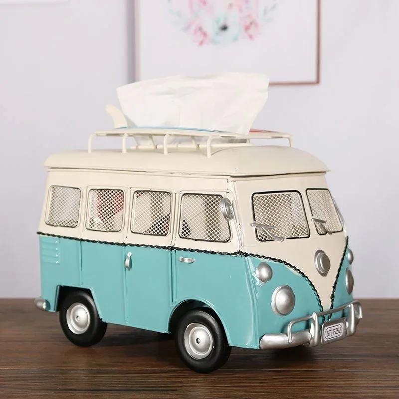 Vintage Bus Tissue Box Paper Dispenser Napkin Holder Car Model Storage Box Living Room Desktop Tabletop Home Decoration Ornament