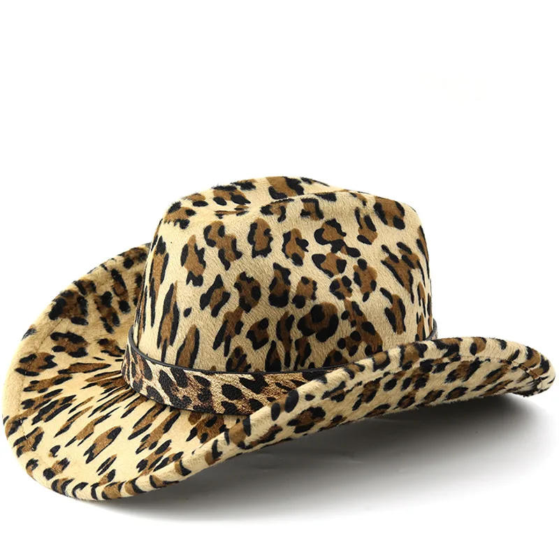 

Wiebay шерстяная ковбойская шляпа в стиле вестерн с широкими полями для мужчин и женщин, пара, подарочная шляпа с леопардовым принтом, модный аксессуар