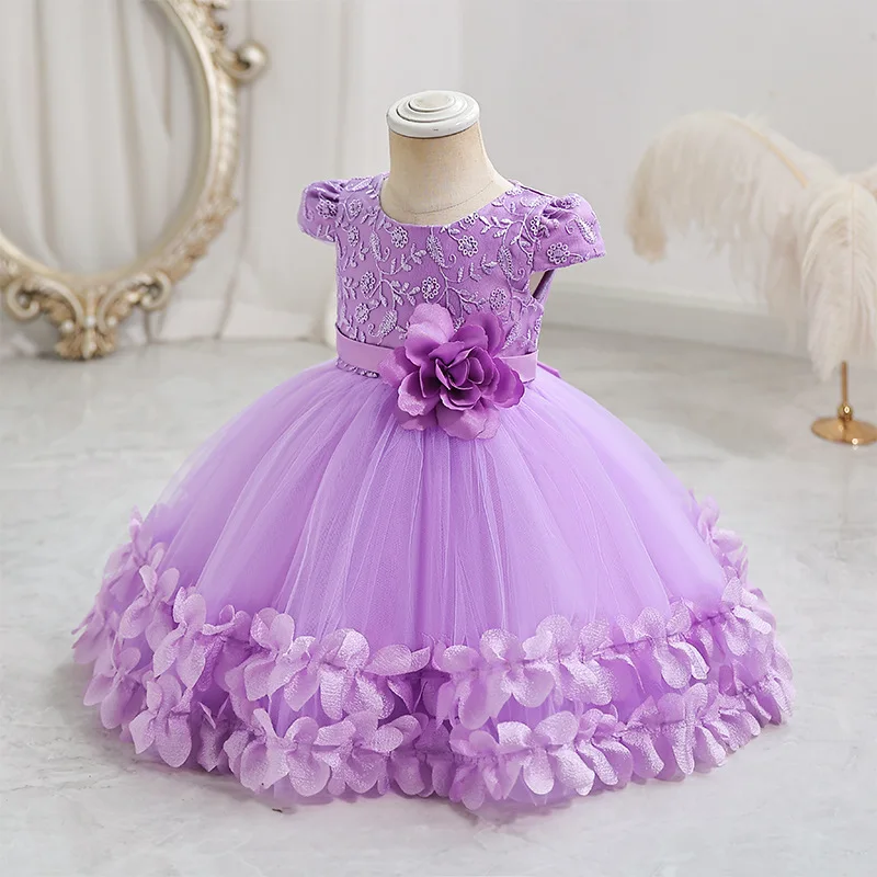 2025 Nuovo vestito da festa per ragazze per bambini estivi per bambini Manica corta Abiti per bambini solidi Ragazza di fiori Compleanno Abito da principessa Danza