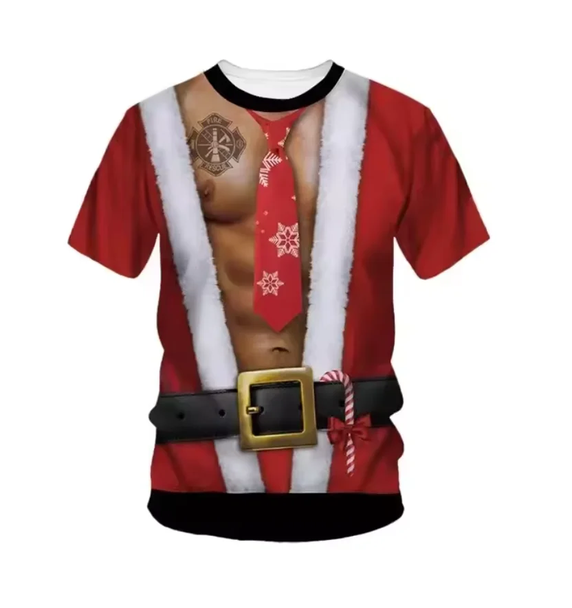 

2025 fashionable and interesting 3D mesh fabric Christmas photo men's T-shirt fashionable and casual round neck short sleeved to