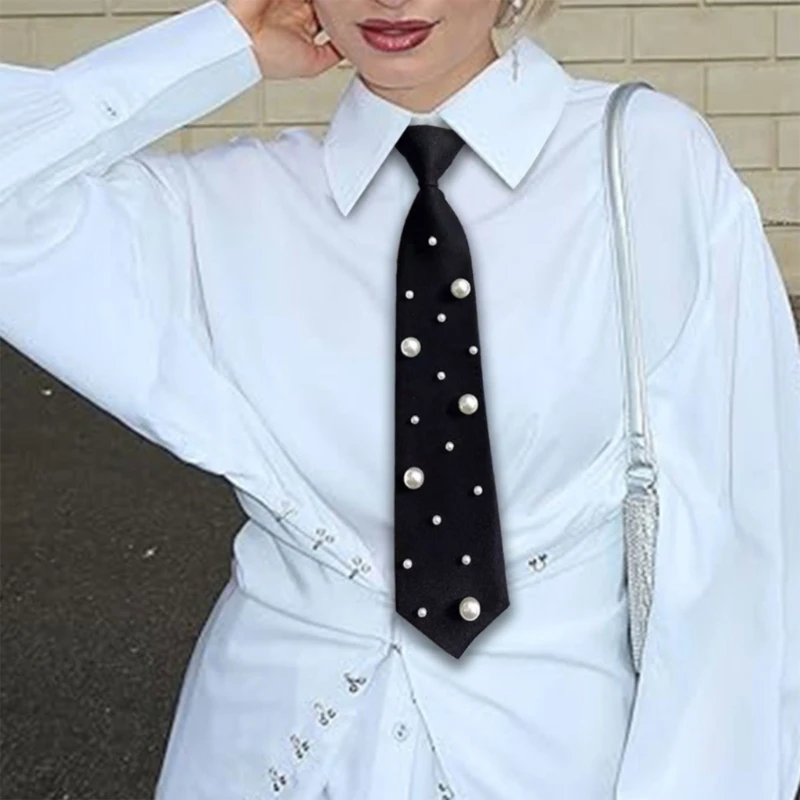 Adjustable Pearls Embellished Necktie For Women Polyester Fabric Campus Student Pre Tied Tie for Office and Party