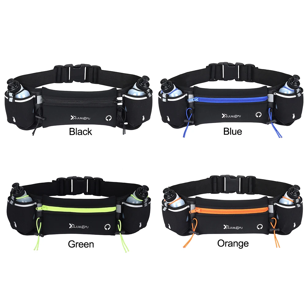 Running Pouch Belt with Bottles Multiple Pockets Running Bags with Reflective Strip Adjustable Strap for Running Hiking Climbing