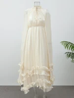 Women Solid Ruffle  Maxi Dress Fashion Lapel V-neck Sleeveless Pleated High Waist Chic Dresses 2026 Summer Lady Vacation Robes - Image 5