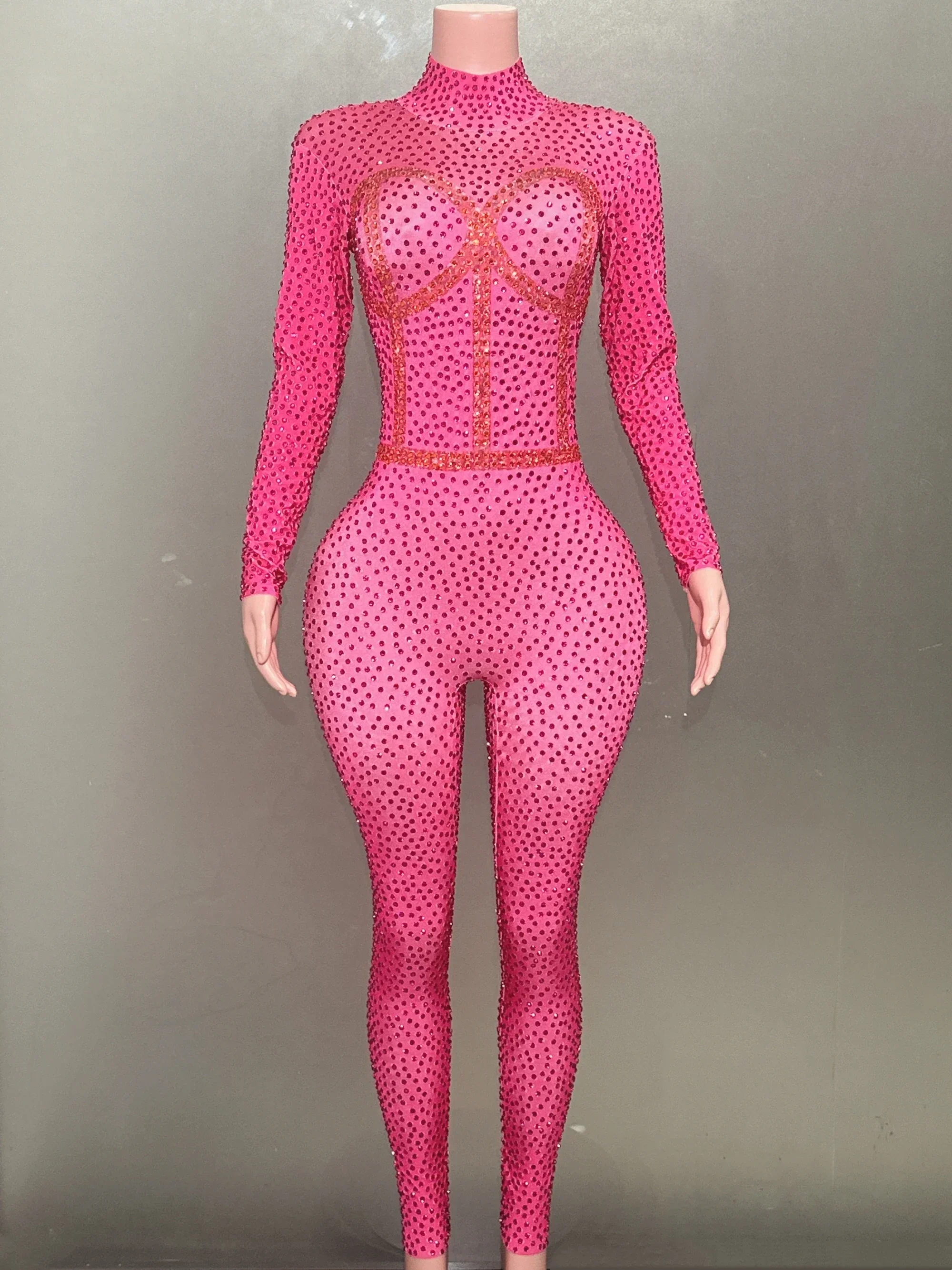 

Rosered Shinning Rhinestones Women Sexy Long Sleeve Stretch Bodycon Jumpduit Nightclub Party Bar Dancer Performance Costumes