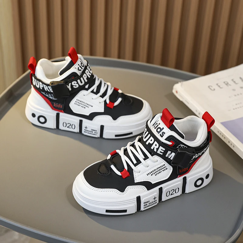 Family Shoes 2024 New Children's Sports Shoes High Top Large Children Boys Casual Buckle Non-Slip Wear-Resistant Blue Ball Shoes