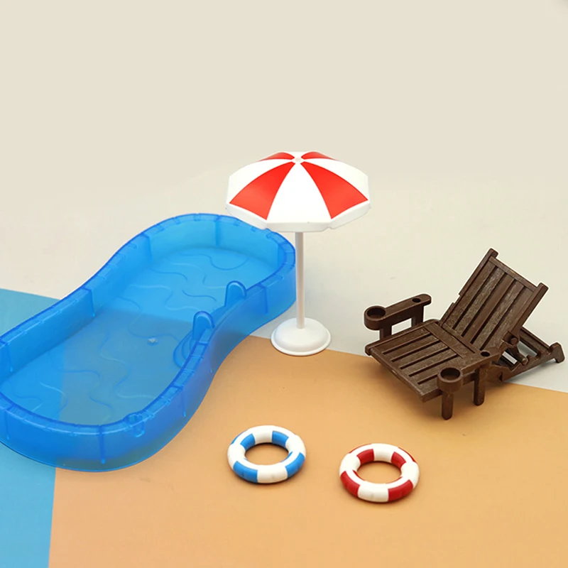 Conjunto de casa de boneca bonito para crianças, mini brinquedo de simulação, piscina, círculo, cadeira de praia, decoração, 1 conjunto