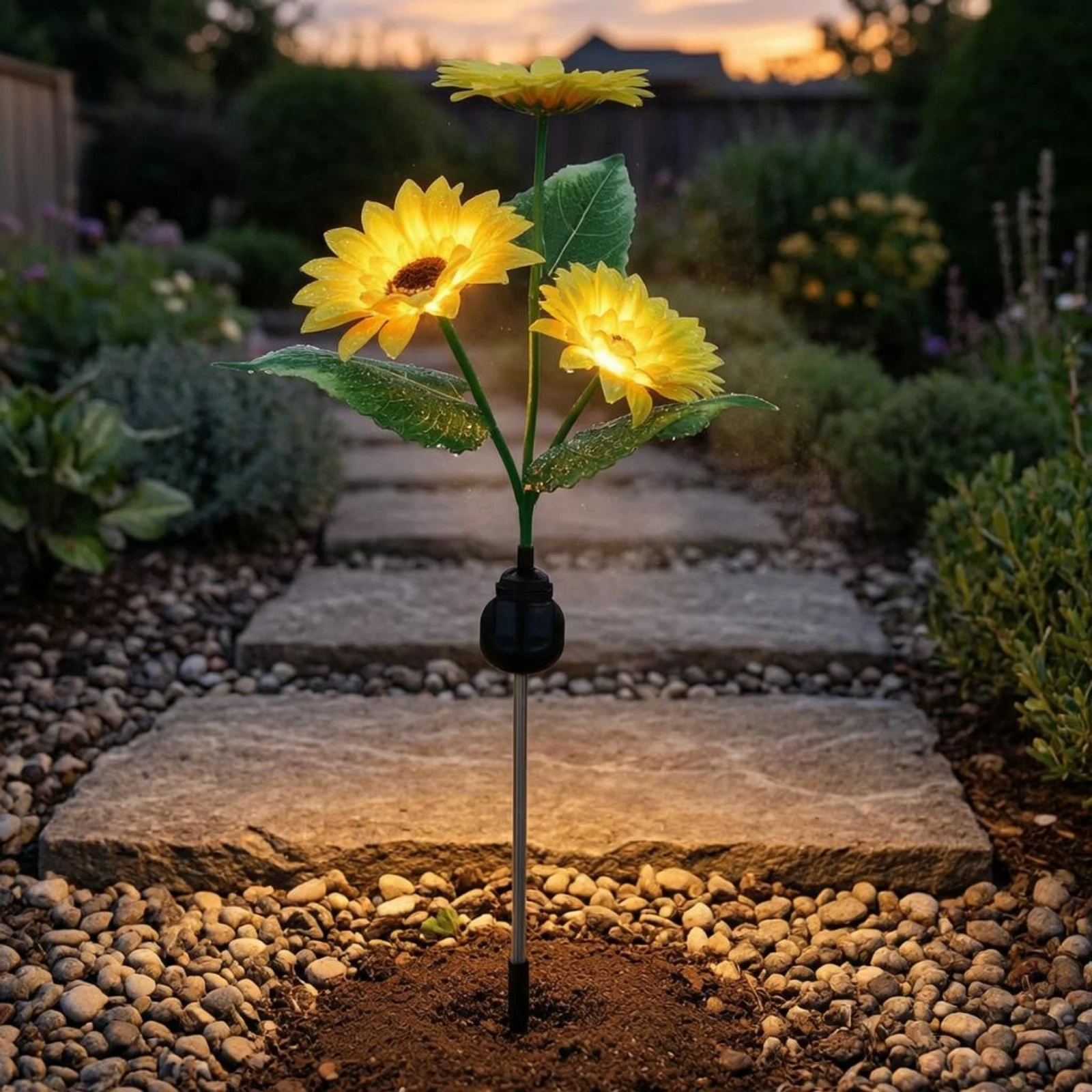 Sunflower Stake Lights Solar-powered Warm Light Flower-shaped Artificial Sunflower Heads Garden Decor for Landscapes