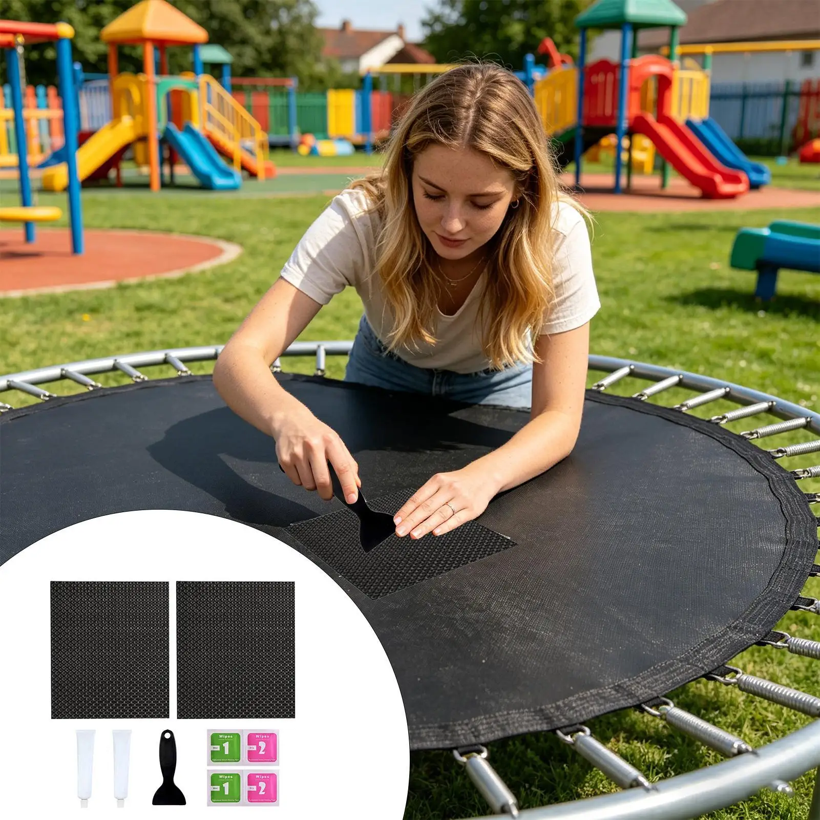 Kit de réparation de trampoline, patch de réparation résistant et découpable pour trampolines, idéal pour la maison, le jardin, la cour et la terrasse