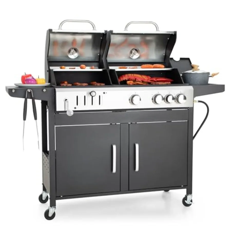 

Dual Fuel Propane and Charcoal Grill with Side Burner for Outdoor Events Porcelain-Enameled Cast Iron Grate 690 SQIN Cooking Ar