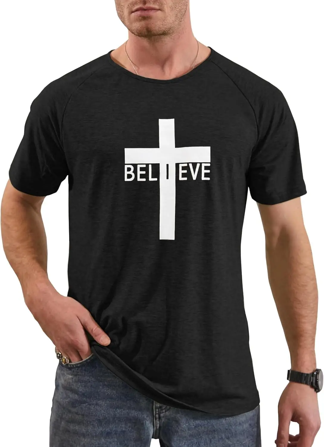 

Men's Short Sleeve Crewneck Graphic Tee Believe Cross Print Christian Shirts Workout Shirts