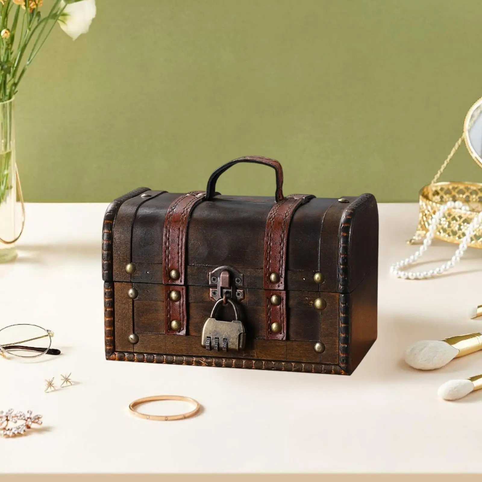 

Treasure Chest Case Wooden Jewelry Box Organizer Trinket Storage with Combination Lock for Christmas Mother Day Body Jewelry