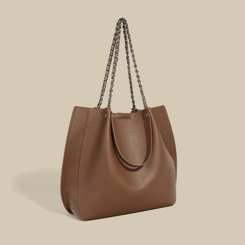 New Women's Tote Bags Solid Color High Quality Real Leather Commute Handbag Lady Large Capacity Fashion Chain One Shoulder Bag