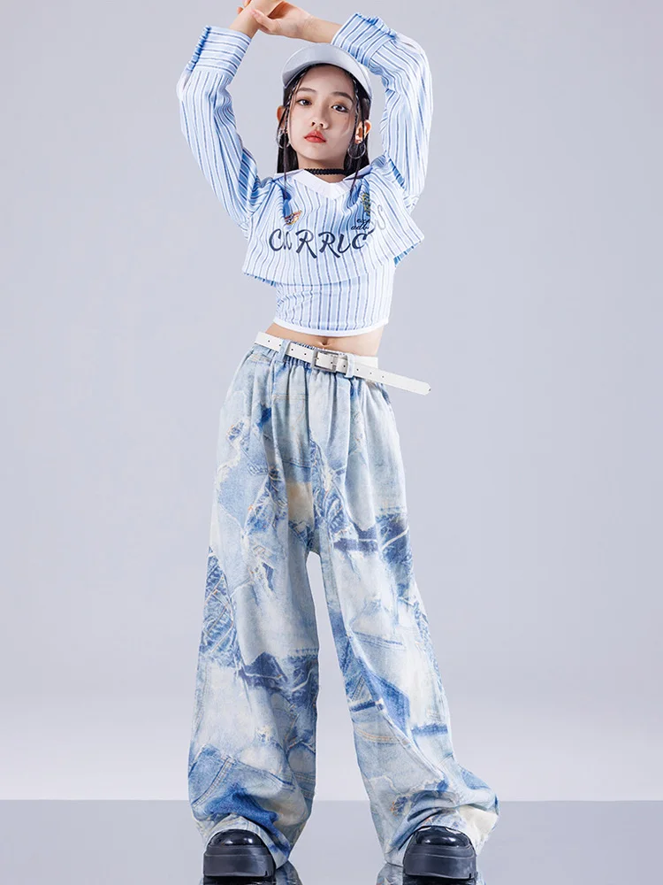 Hip Hop Sets Mädchen K-pop Streifen Blau Crop Top Street Dance Cargo Hosen Tiered Röcke für Kinder Streetwear Kinder Jazz Kostüm