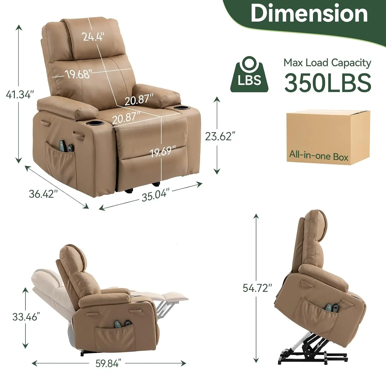 Lift Recliner for Elderly with Massage & Heat, Electric Assist, 160° Recline, Remote, Cup Holders, Fit 5'2
