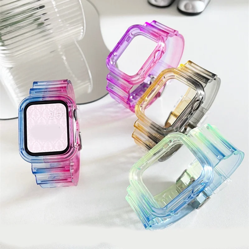 Gradient Clear Band For Apple Watch Series 8 7 6 5 4 Transparent Silicone Bracelet For Iwatch 41 45 42 38 40 44mm New Case+Strap