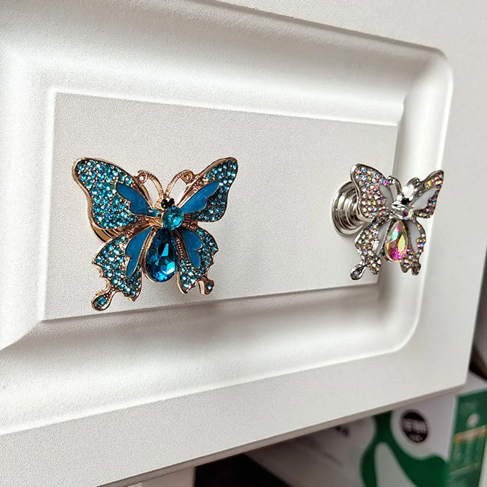 Creative Fashion Cute Cartoon Colored Diamond Crystal Butterfly Furniture Decoration Handle Gold Silver Drawer Dresser Knob Pull