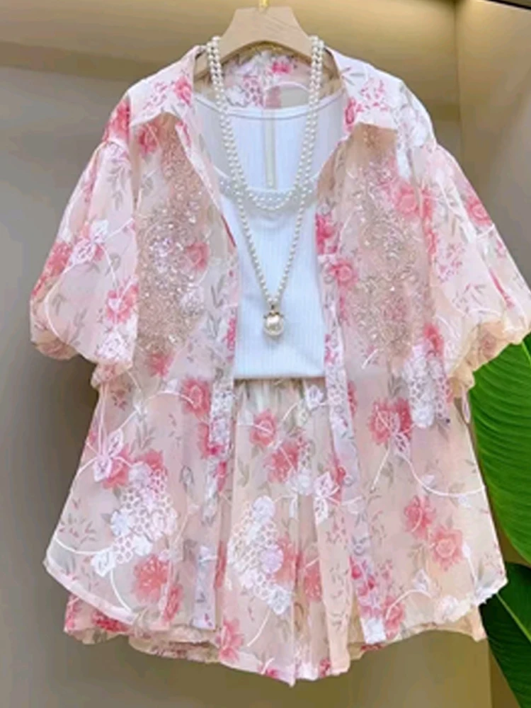 

Summer Large size women's short sleeved flower Shirt top And shorts French temperament niche design western-style two-piece set