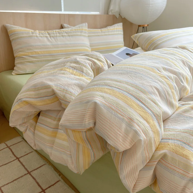 

High-End Pure Cotton Geometric Bed Sets Striped Printed Soft Bedsheet Quilt Cover Pillowcase Double Bedding Set for Four Seasons