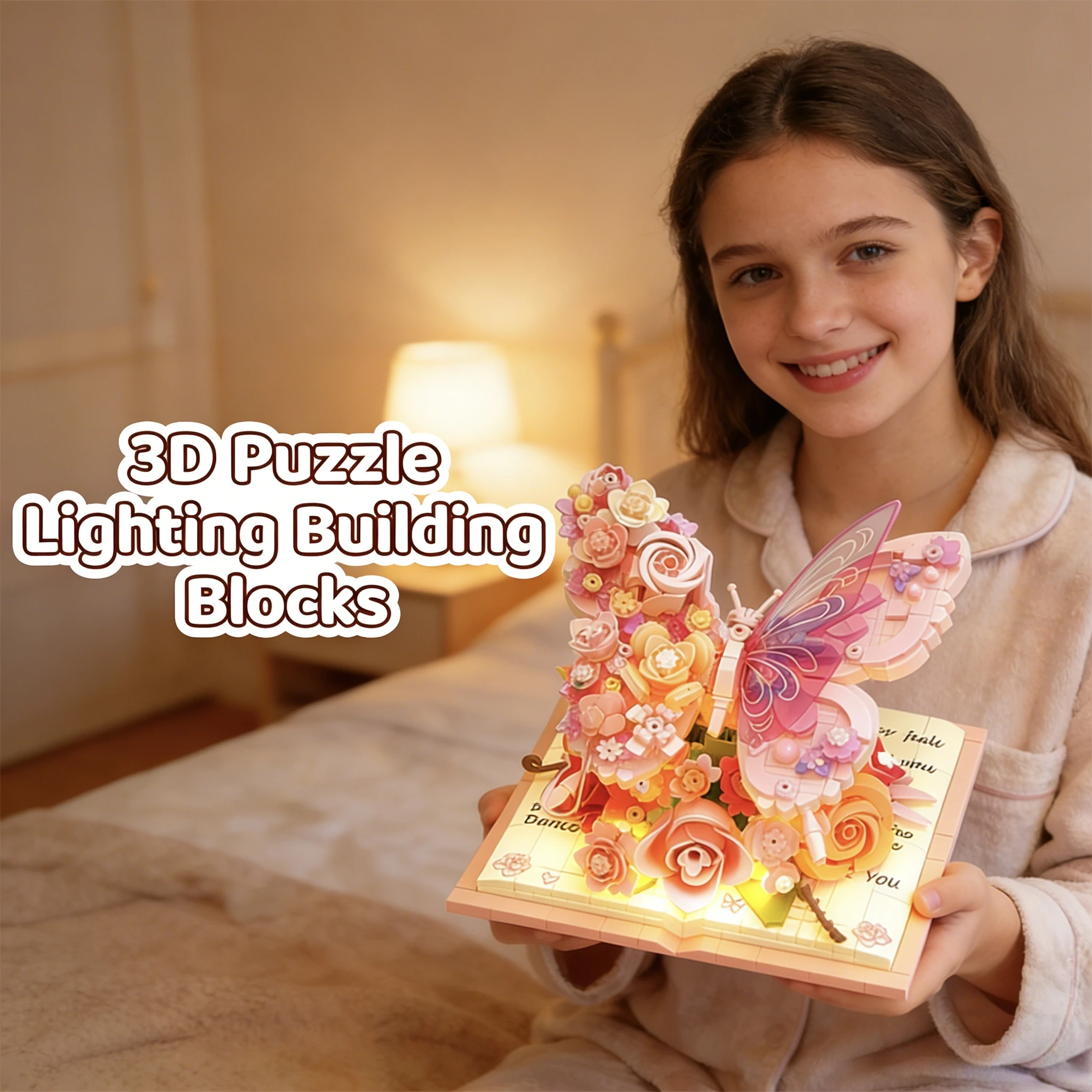 Nuevo libro de rompecabezas 3D, modelo de ramo de mariposas, conjunto romántico DIY, regalo de cumpleaños para niñas, niños, 850 Uds., dispositivo de iluminación, bloques de construcción