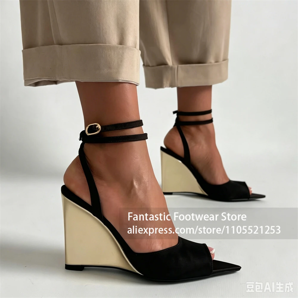 Metallic Gold Wedge Heel Sandals Pointed Peep Toe Double Ankle Strap Summer Shoes Satin Two Tone Buckle High Heel Women Sandals view 4