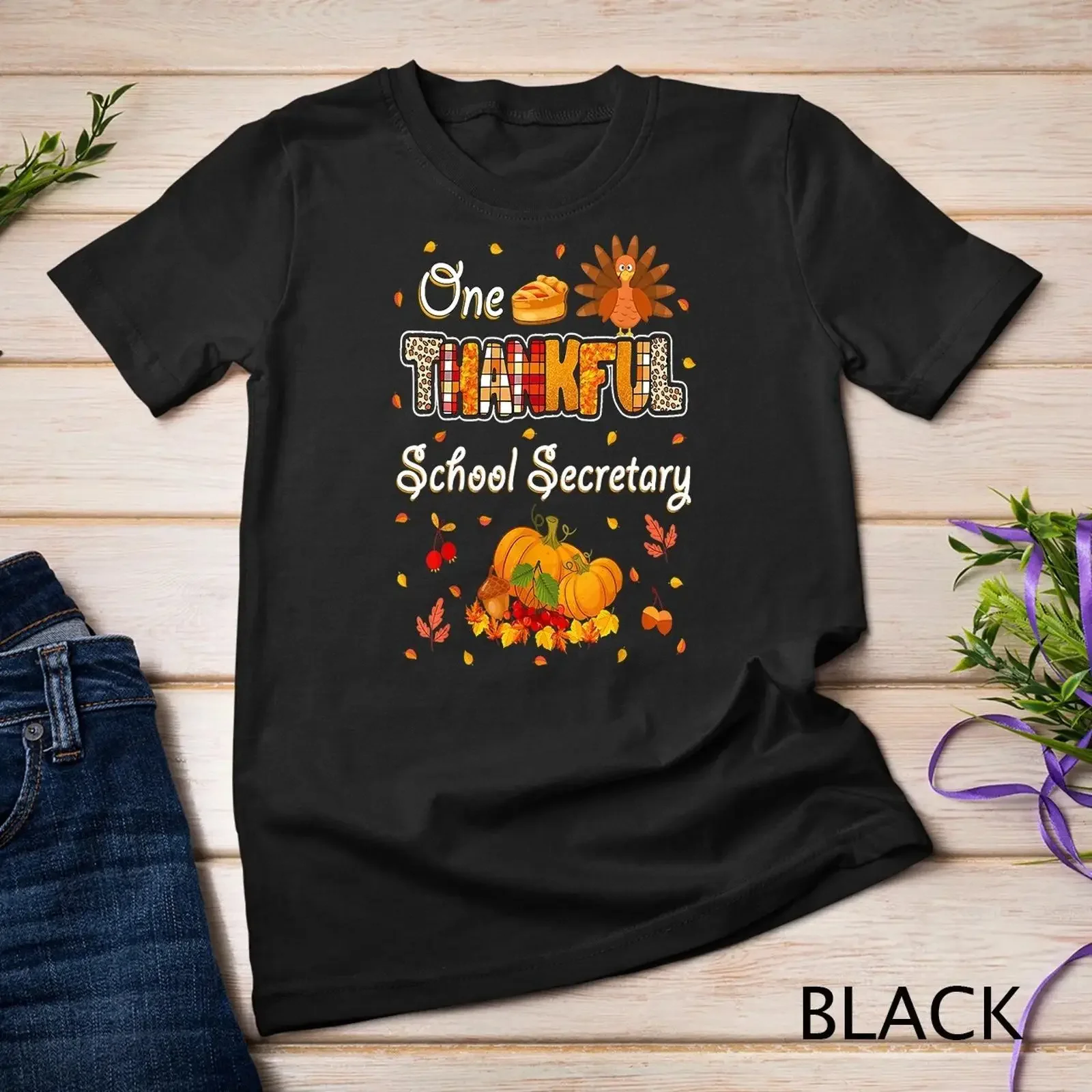 One Thankful School Secretary Fall Autumn Thanksgiving T Shirt vintage Washed homme graphic designer clothes Casual Slightly