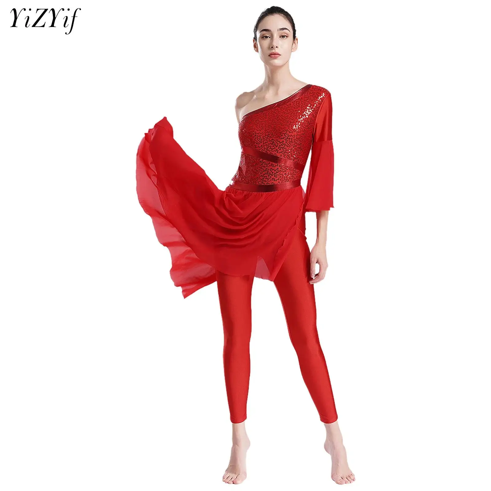 

Women Modern Dance Flowy Side Slit Leotard Bodysuit Flared Sleeve Shiny Sequins Jumpsuit Dancewear Stage Performance Costume