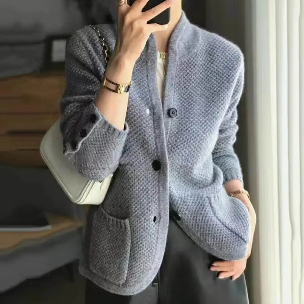 Soft Women Jacket Stylish Lady Winter Coat with Stand Collar Pockets Knitted Thickened Single-breasted Cardigan Sweater for Wear