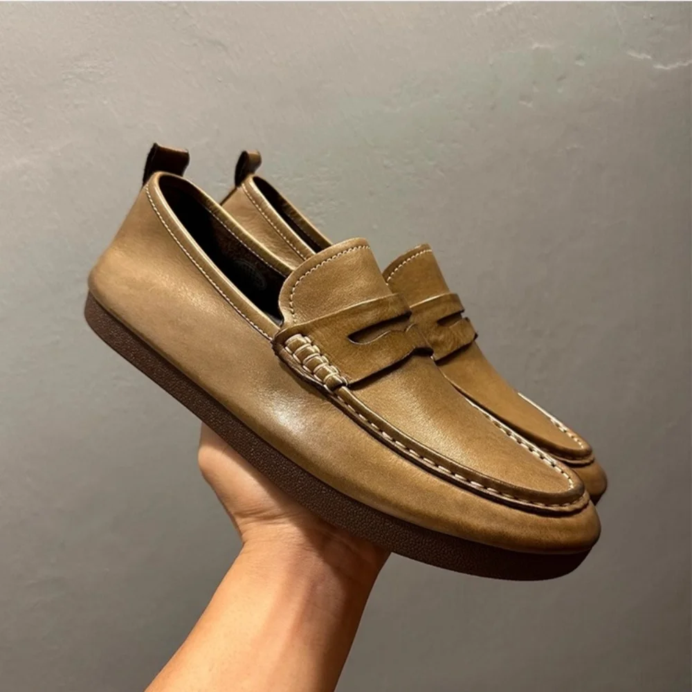 

QHCCID New khaki-colored Loafers shoes High Quality Horse leather Handmade Loafers Casual Shoes Men's Shoes