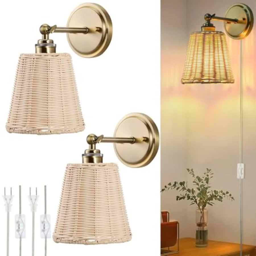 

Plug in Wall Sconces Handwoven Rattan Boho Wall Lamp with Adjustable 180° Lamp Head E26 Ceramic Base Perfect for Entryway Hallw