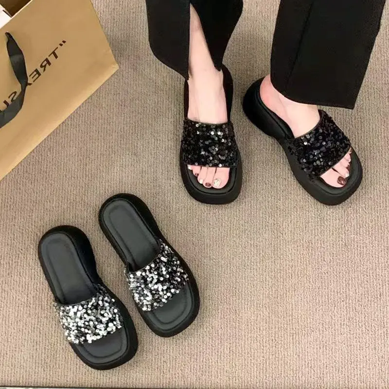Chic Black Sequined Chunky Slides | Elevated & Eye - Catching, Perfect for Summer Daily & Street Looks