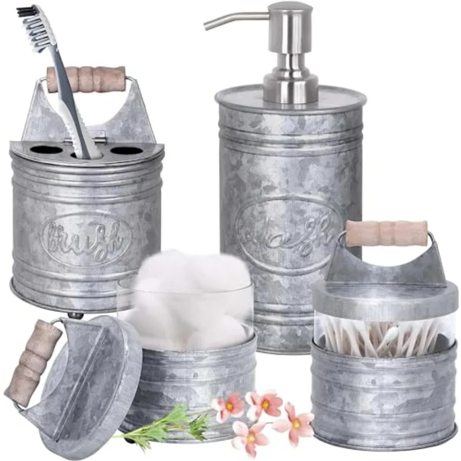 

Rustic Bathroom Accessories Set 4 - Galvanized Soap Dispenser Rustic Toothbrush Holder 2 Apothecary Jars Qtip Holder - Western