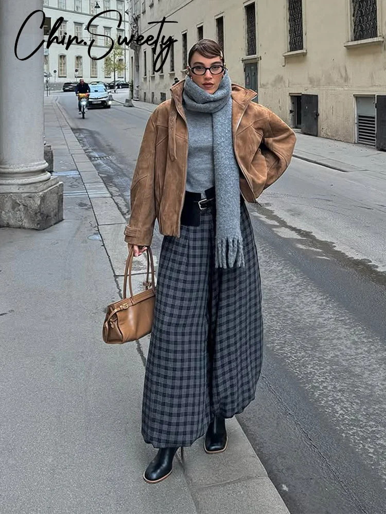 カジュアルチェック柄プリントパンツ女性エレガントなプリーツチェック柄弾性ウエストズボン女性 2026 春夏シックな婦人服