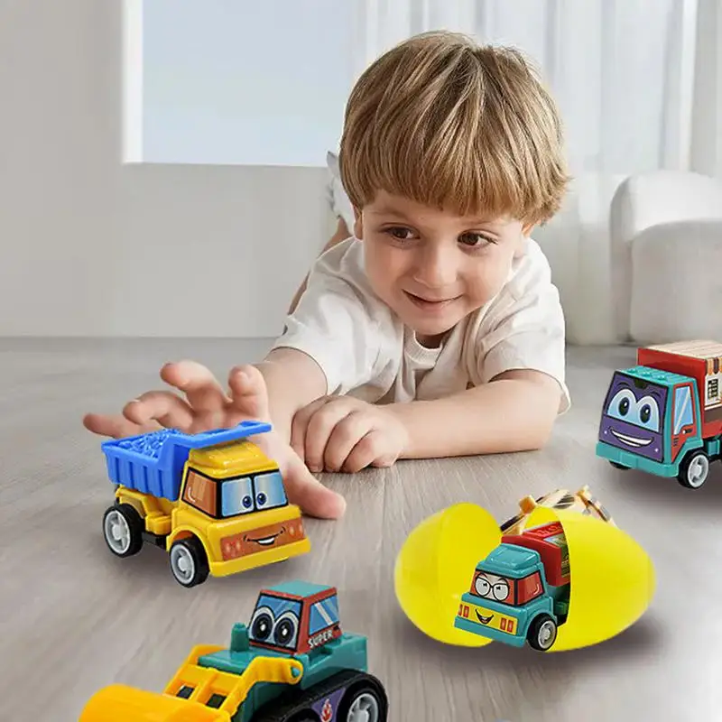 Filled Easter Eggs with Toys Toddler Easter Eggs Hunt Toddler Pull Back Construction Vehicle Cartoon Car for Kids Aged 3-8 Years