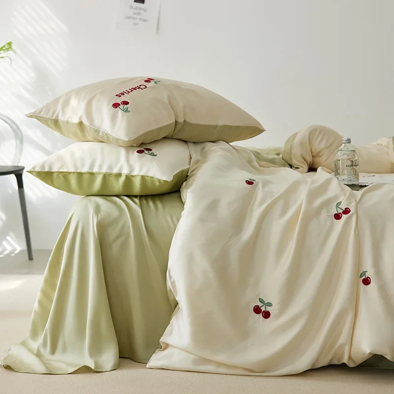 Class A Austria imported Lenzing Tencel embroidered bed four-piece set silky smooth cool bed sheet quilt cover bedding