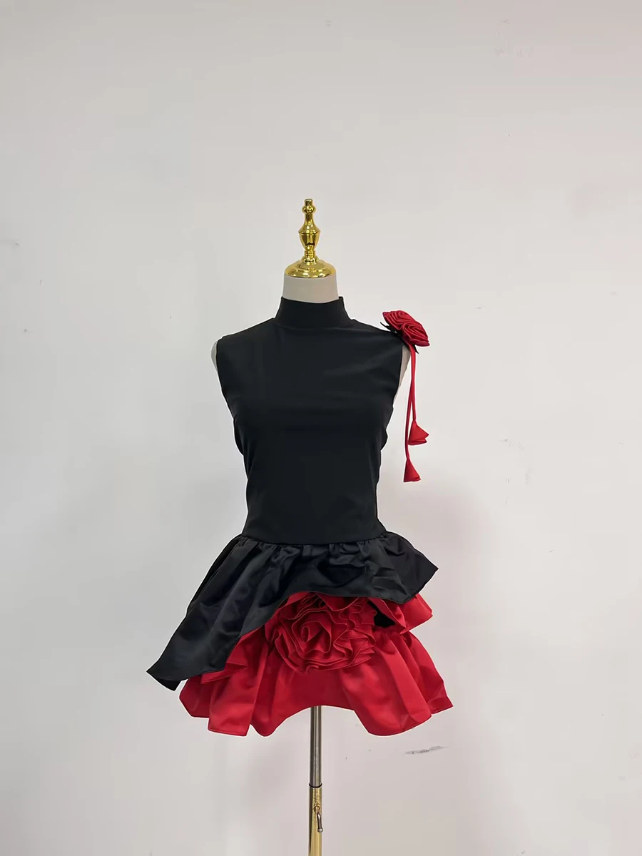 VGH ตีสี Retro Retro Tunic ชุดผู้หญิงคอปกแขนกุด Patchwork 3D Rose สาวร้อนชุดเสื้อผ้าหญิงใหม่