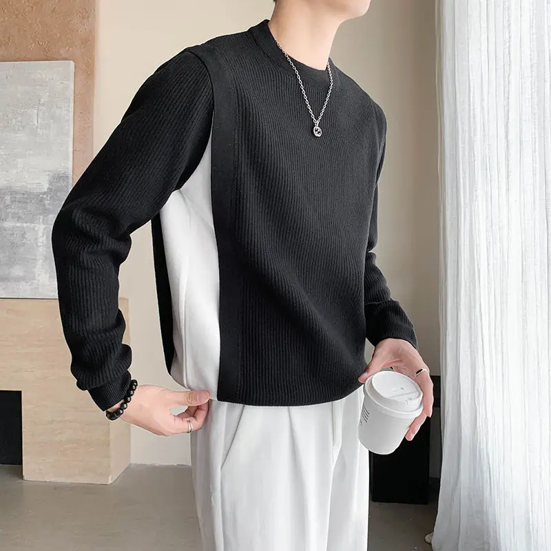 Men's Clothing Patchwork Sweaters Casual Long Sleeve Autumn Winter Fashion Contrasting Colors Korean O-Neck Knitted Pullovers