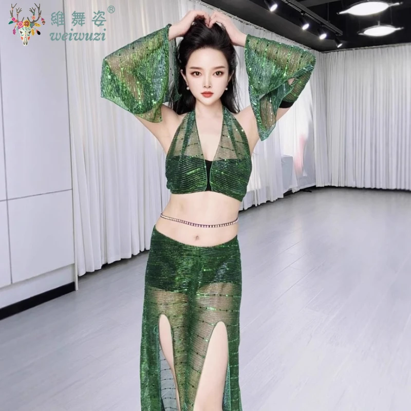 

Костюмы для танца живота, тренировочный наряд, темно-зеленая сетка с блестками, профессиональная одежда для выступлений, сексуальная восточная одежда для танца живота