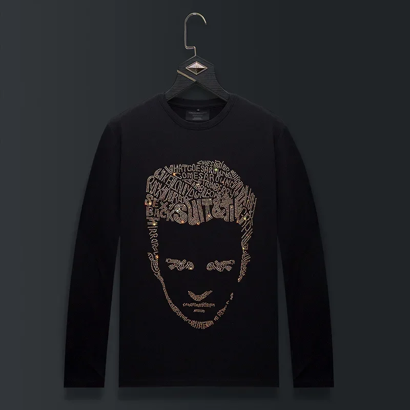 

Plus Size Rhinestones Character T Shirts Men Top Fashion Streetwear O Neck Long Sleeve Slim Modal Cotton Tshirts Mens Clothing
