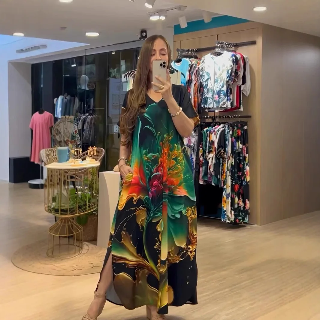 Długa sukienka damska z dekoltem w serek, maxi sukienka w kwiatowy wzór, sukienka plażowa plus size na wakacje, sukienka boho na imprezę dla kobiet, sukienki damskie 2025