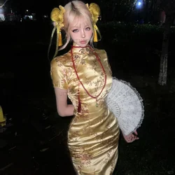 Gold Flower Cheongsam Sexy Mini Qipao Lady Y2K Maid Jk Costume Silk Brocade Chinese Style Dresses Traditional Button Vestidos