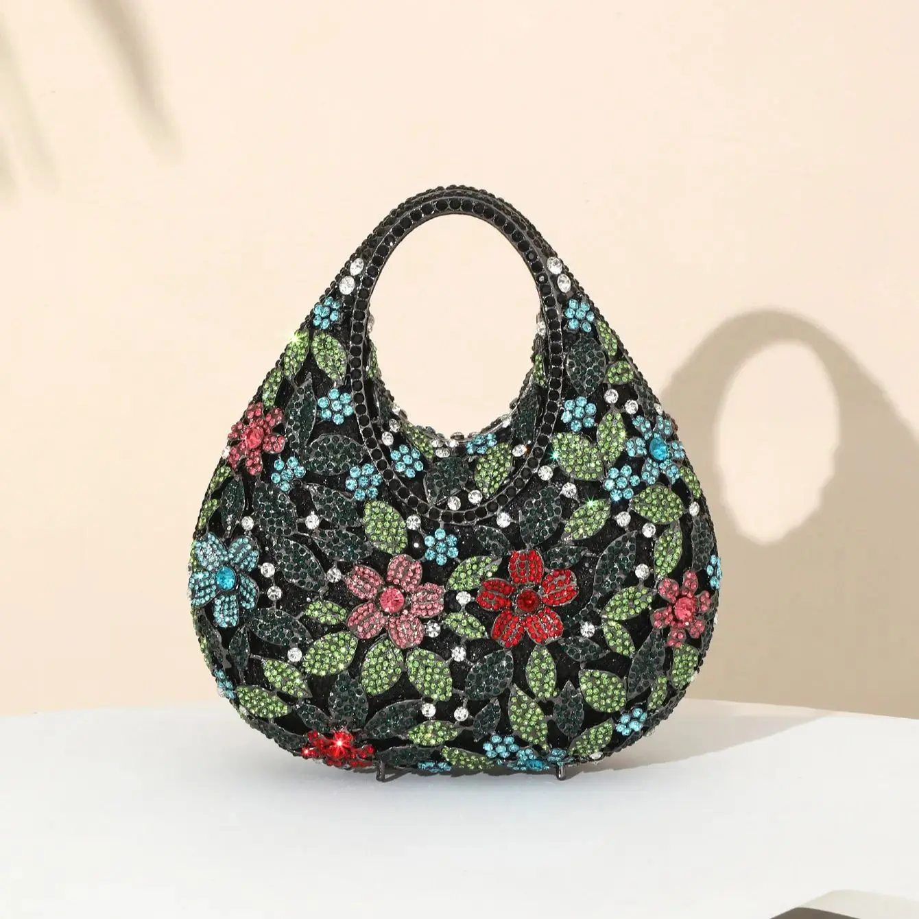 Crystal Flower Evening Clutch for Women, Luxury Rhinestone Crossbody Bag with Chain, Perfect for Party & Wedding