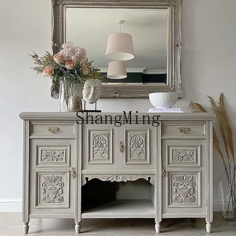 

ZYY solid wood retro white porch cabinet entry foyer storage shoe cabinet antique carved dining side cabinet