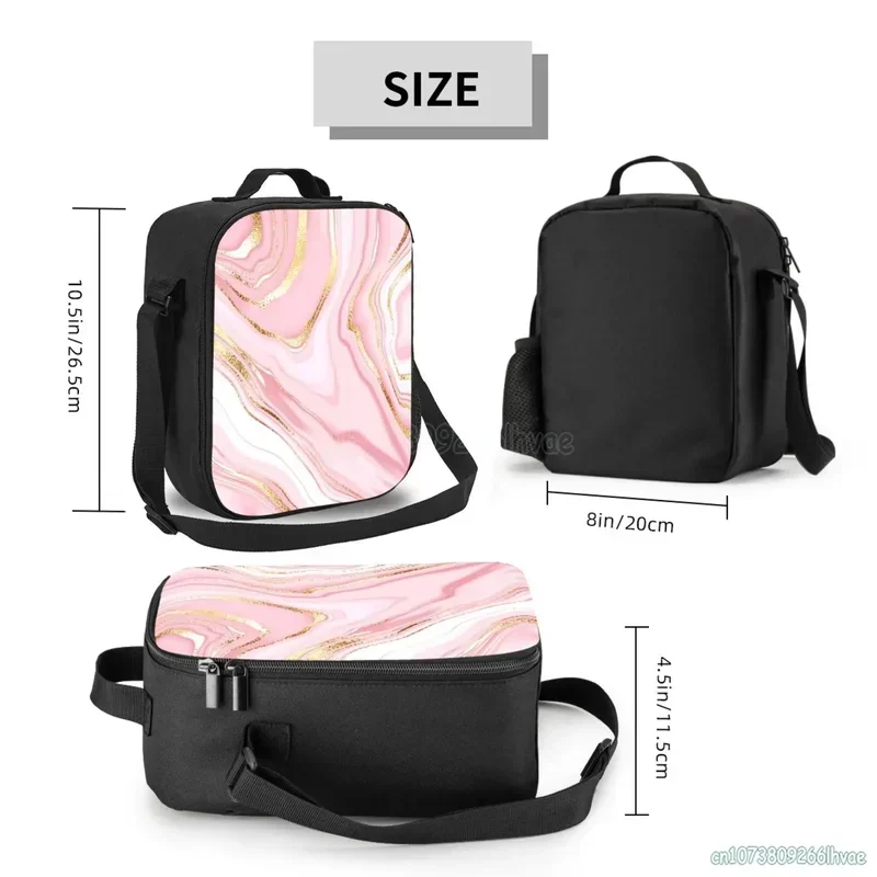 Pink Gold Marble Textured Lunch Bags for Women Insulated Lunch Box Thermal Tote Bag with Adjustable Strap Leakproof Durable