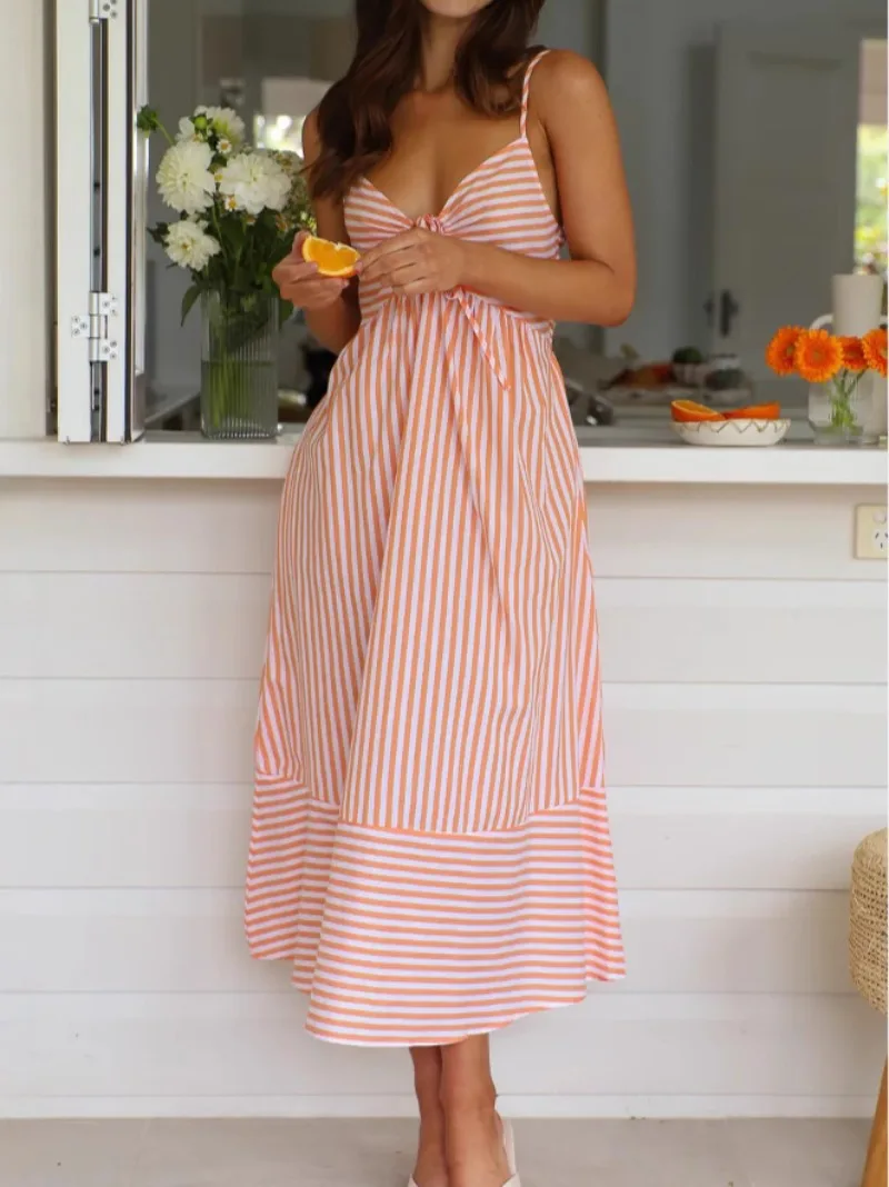 Fashion Long Beach Sexy vintage Dress for Women 2025 New dress Summer Women V-neck Sexy Striped Sling Dress Holiday
