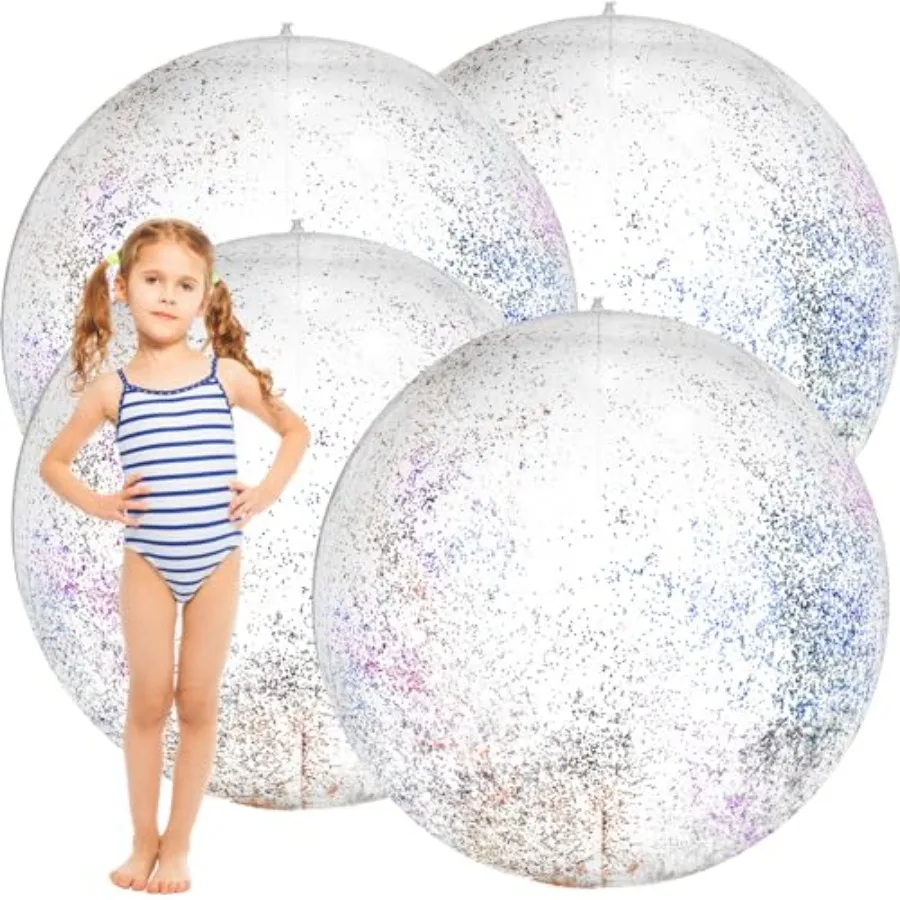 Outdoor activity beach ball set: 42-inch jumbo glitter inflatable pool ball, shiny silver material, ultra-durable PVC, extra-br