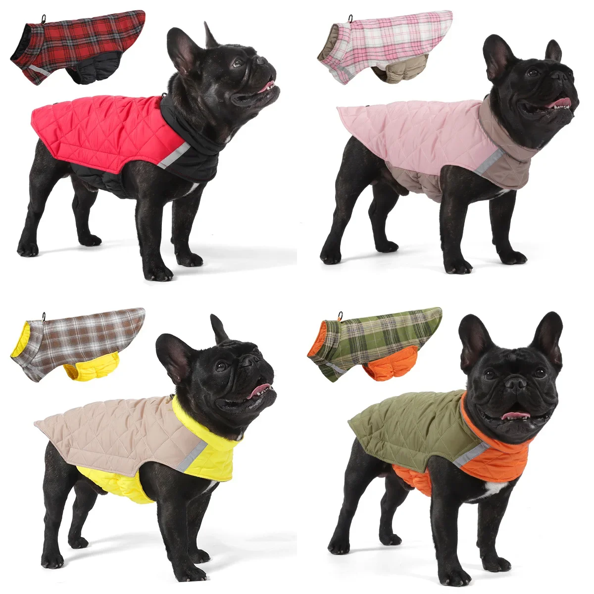 犬服-ペット用犬用ジャケット-反射チェック柄のペット服-秋冬用両面着用可能