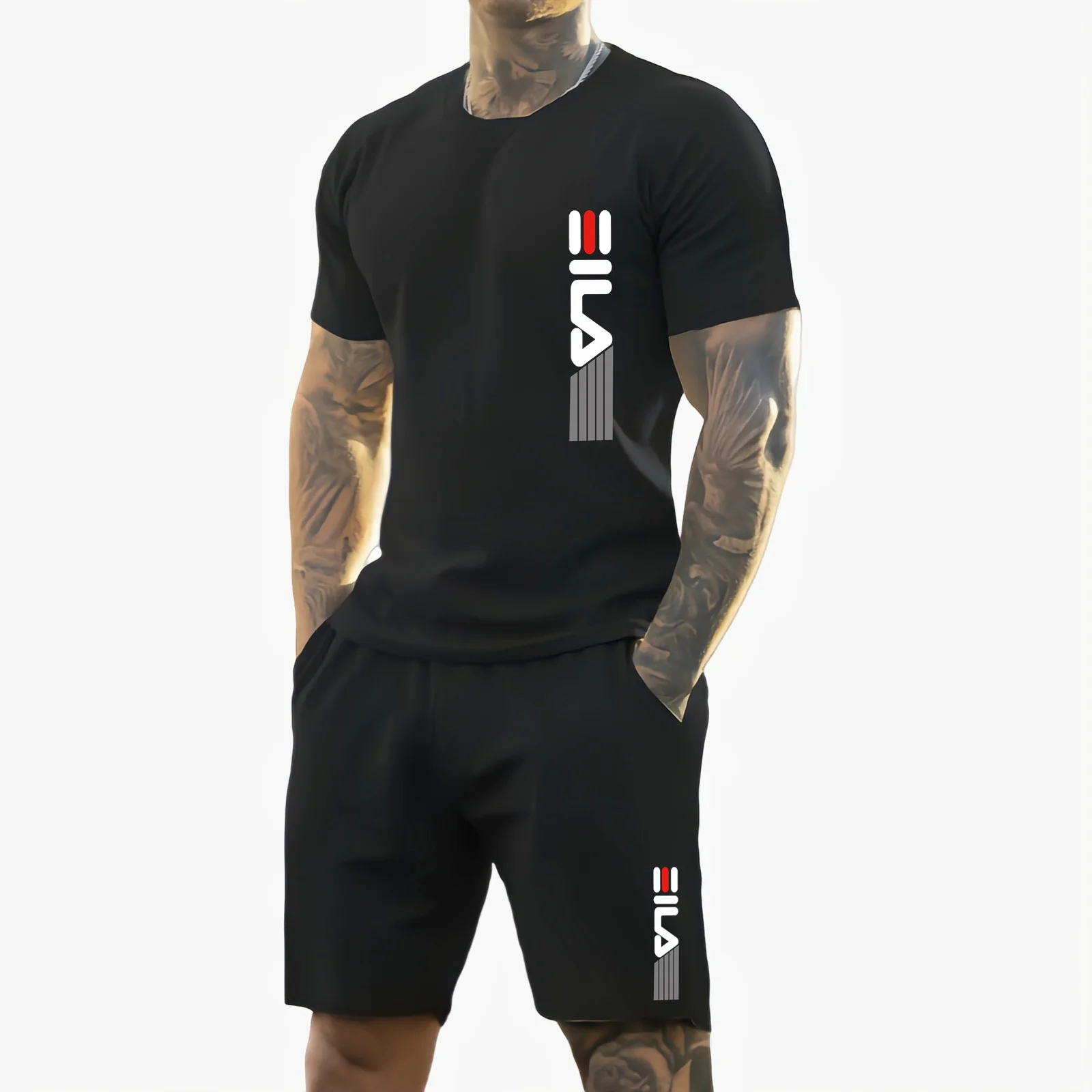 Męski letni zestaw sportowy na rok 2025, modny, oddychający, na zewnątrz, męski T-shirt z krótkim rękawem + szorty treningowe, dwuczęściowy komplet.