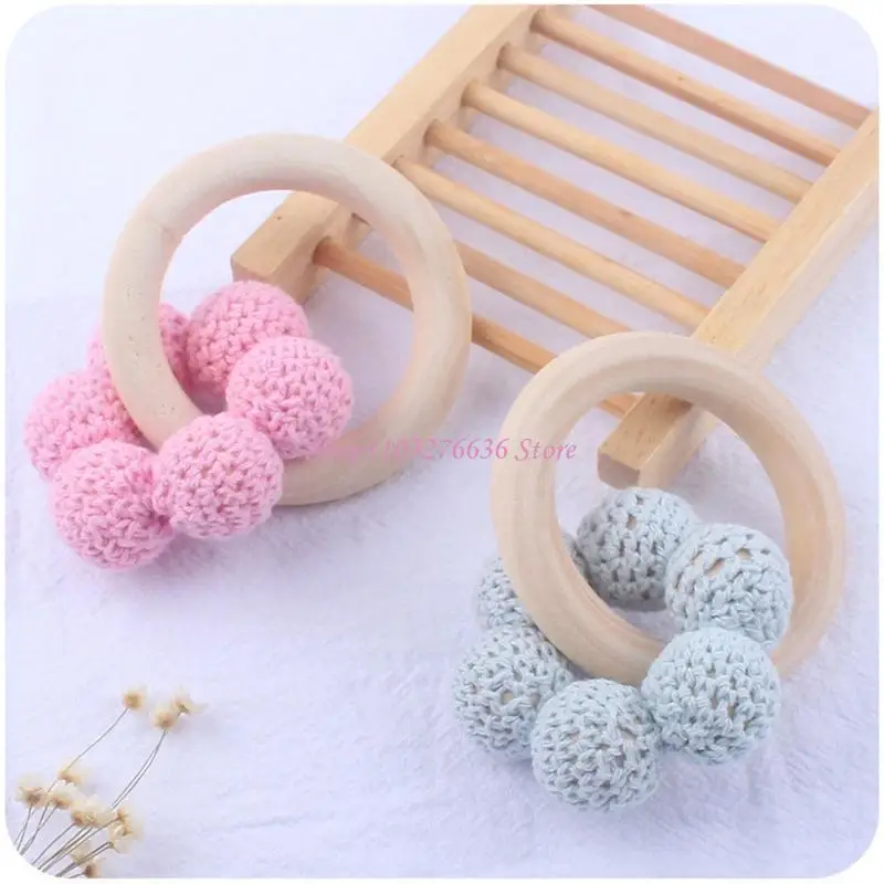 R6FD Baby Wooden Hand Grasp Toy DIY Knitting Beads Teether Bracelet Handheld Teething Nursing Rattle Gifts