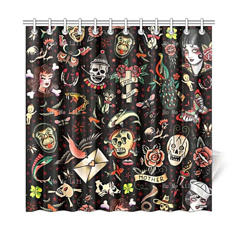 Old School Tattoo Shower Curtain Vintage Flash Novelty Black Or Rose Background Bathroom Decor With Hooks